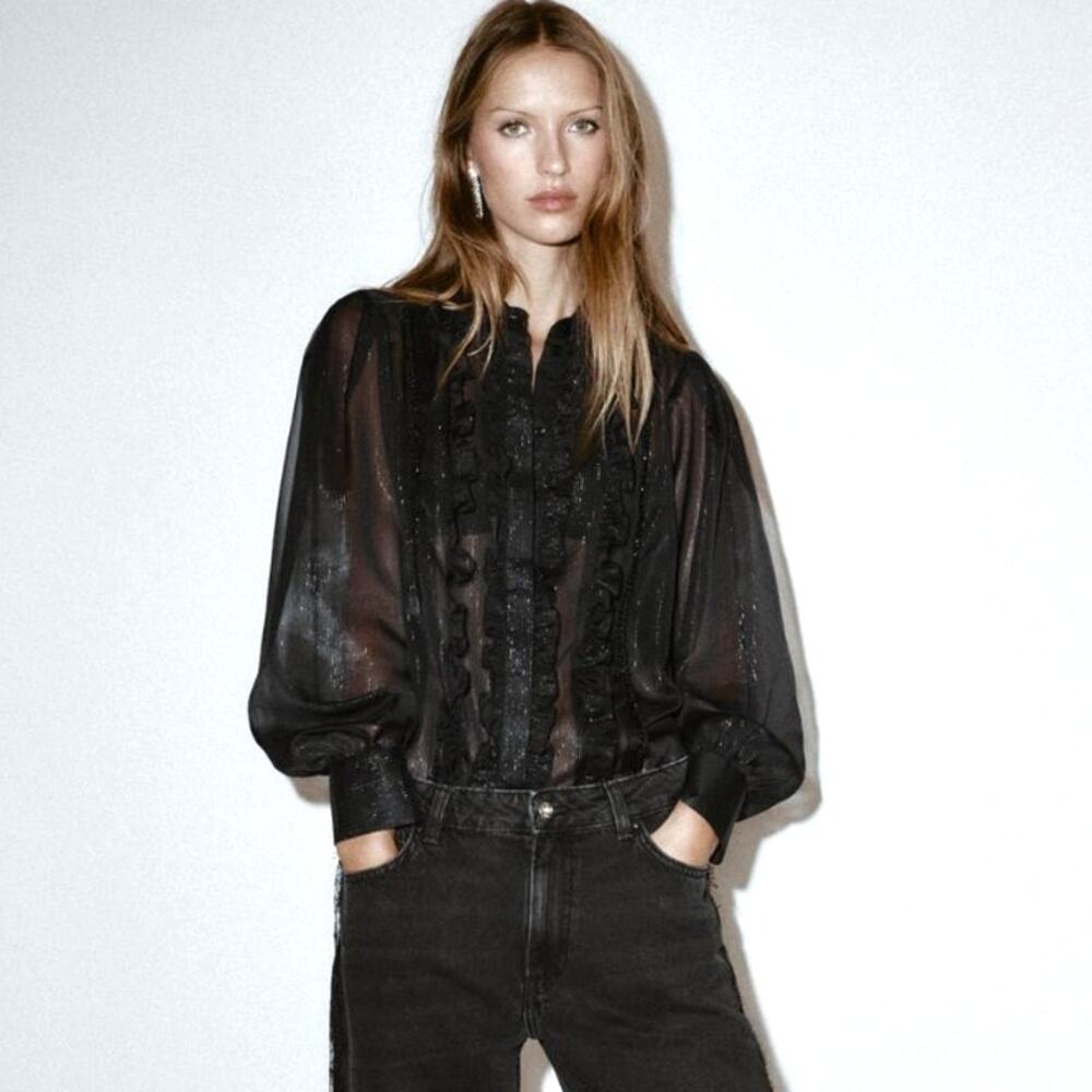 ZARA Semi-Sheer Ruffle Shirt with Beads - New! - Size: M